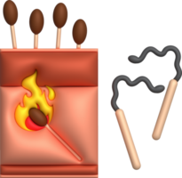 3d illustration burning match with fire, opened matchbox, burnt matchstick png