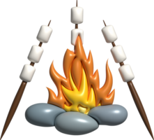 3D illustration. Marshmallow skewers grilled on fire. cooking trip camping png