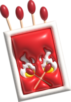 3d illustration burning match with fire, opened matchbox. png