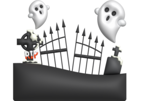 3D illustration. Halloween abandoned house. with graves and cute little ghosts png