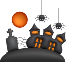 3D illustration. Halloween castle. with graves and spiders full moon png