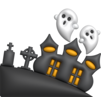 3D illustration. Halloween castle. with a tombstone and a cute little ghost png