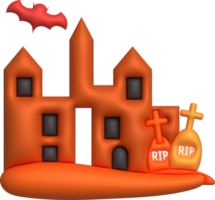 3d illustratie. halloween kasteel. met graven en vleermuizen png