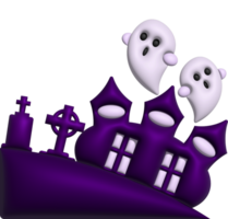 3d illustration. Halloween château. avec une pierre tombale et une mignonne peu fantôme png