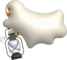 3D illustration. A cute little ghost on Halloween is flying and holding a lantern lighting up. png