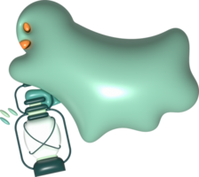 3D illustration. A cute little ghost on Halloween is flying and holding a lantern lighting up. png