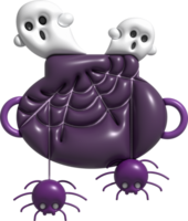 3D illustration. Witch cauldron With bubbles and cobwebs, cute little spiders and ghosts come out for Halloween. png