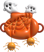 3D illustration. Witch cauldron With bubbles and cobwebs, cute little spiders and ghosts come out for Halloween. png