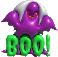 3D illustration. Halloween cute little ghost and boo lettering. and full moon png