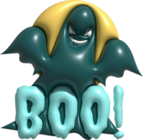 3D illustration. Halloween cute little ghost and boo lettering. and full moon png