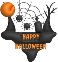 3D illustration. Button icon. Island with Happy Halloween text. Spiders and cobwebs. Dry trees. Grave cemetery. png