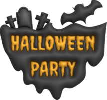 3D illustration. Island icon with Halloween party text. and on top are tombs, tombs and bats. png