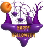 3D illustration. Button icon. Island with Happy Halloween text. Spiders and cobwebs. Dry trees. Grave cemetery. png