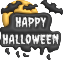 3D illustration. Happy Halloween text. and full moon and bats png