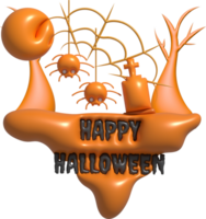 3D illustration. Button icon. Island with Happy Halloween text. Spiders and cobwebs. Dry trees. Grave cemetery. png