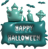 3d illustration halloween castle with Happy halloween text and grave cemetery bat png