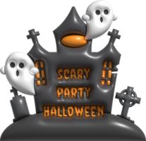 3d illustration halloween castle with scary party halloween text and cute little ghost grave cemetery png