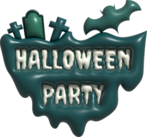 3D illustration. Island icon with Halloween party text. and on top are tombs, tombs and bats. png