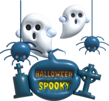 3d illustration halloween Spooky text and grave tombstone cute little ghost spider webs png