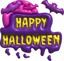 3D illustration. Happy Halloween text. and full moon and bats png