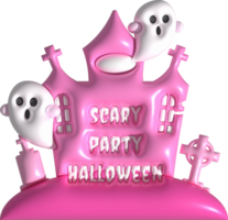 3d illustration halloween castle with scary party halloween text and cute little ghost grave cemetery png