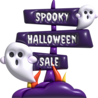 3D illustration. Halloween night signpost with cute little ghost floating. png