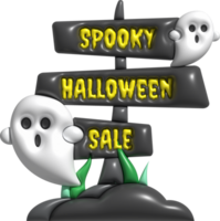 3D illustration. Halloween night signpost with cute little ghost floating. png