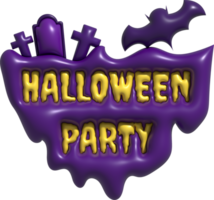 3D illustration. Island icon with Halloween party text. and on top are tombs, tombs and bats. png