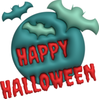 3D illustration. Happy Halloween text. and full moon and bats png