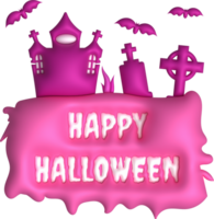 3d illustration halloween castle with Happy halloween text and grave cemetery bat png