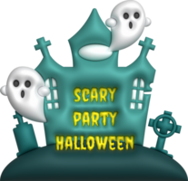 3d illustration halloween castle with scary party halloween text and cute little ghost grave cemetery png