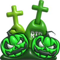 3D illustration. Face of devil pumpkins for Halloween and grave cemetery. png