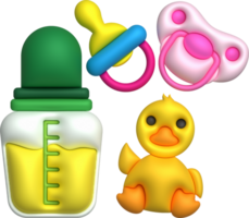 3d icons. Baby feeding bottle. Nutrition in plastic container for newborn. Baby pacifier and baby duckling toy. png