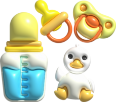 3d icons. Baby feeding bottle. Nutrition in plastic container for newborn. Baby pacifier and baby duckling toy. png