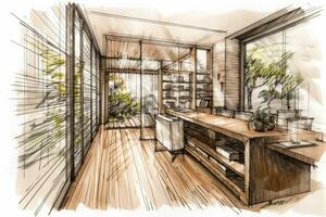 Detail focused hand drawn sketch of the interior of a sleek modern home. Generative AI photo