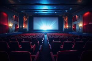 Empty modern movie theatre interior with screen and seats. photo