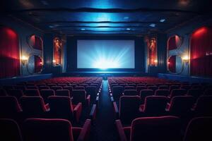 Empty modern movie theatre interior with screen and seats. Generative AI photo