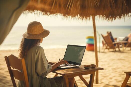 Woman working with laptop computer at the beach. Working while travelling. Generative AI photo
