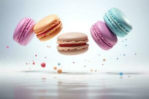 Macaroons in motion falling. Sweet colorful french macaroons levitation in the air. Generative AI photo