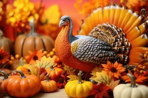 Bright background with beautiful thanksgiving decorating. Pumpkins with fruits, flowers, vegetables and leaves. AI generated photo