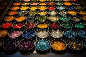 A top view of the bowls with gemstones. Natural gemstone mineral material for jewelry. Generative AI photo
