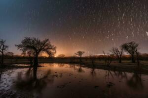 meteorito lluvia encima el arboles corriente de meteoritos paisaje con que cae estrellas. generativo ai foto