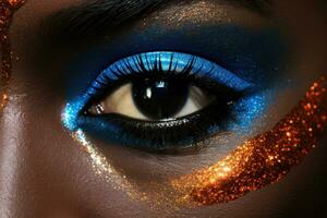 African supermodel. High fashion eye makeup extreme closeup. Generative AI photo