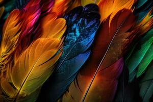 Colorful feathers background. Feather pattern. Collage print with feather texture. Generative AI photo