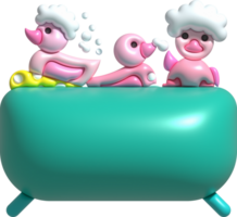 3D icon. Rubber duck playing with bubble water or bath toy in bathtub. png