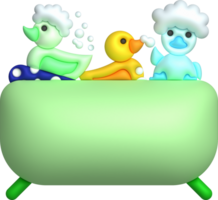 3D icon. Rubber duck playing with bubble water or bath toy in bathtub. png