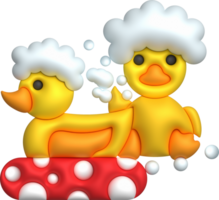 3d icon. Rubber duck playing in bubble bath or bath toy with rubber ring. Cute rubber floating for children. png