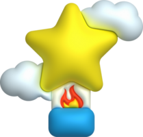 3d icon. Traveling with a star shaped hot air balloon flying gas and clouds. Minimal style icon. png