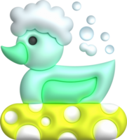 3d icon. Rubber duck playing in bubble bath or bath toy with rubber ring. Cute rubber floating for children. png