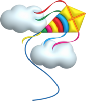 3d icon. Flying kite and clouds in colorful sky. Summer icon. png